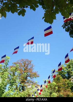 Französische String Flag Banner in den Zeilen in einem Sommer blauer Himmel in Murviel-lès-Béziers, Frankreich Stockfoto