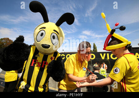 Watford Maskottchen Harry Hornissen als Watford Ventilatoren erhalten temporäre Tattoos vor der Premier League Match an der Vicarage Road, Watford gemalt. Stockfoto