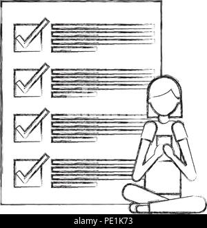 Frau sitzt mit Handy und Dokument Häkchen Vector Illustration Hand Zeichnung Stock Vektor