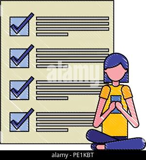 Frau sitzt mit Handy und Dokument Häkchen Vector Illustration Stock Vektor