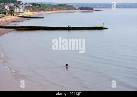 Eine Frau, die bei Ebbe im Meer paddelt. Stockfoto