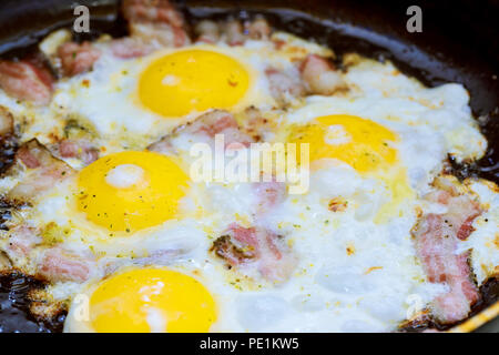 Speck und gesalzenen Ei und bestreut mit schwarzem Pfeffer. Englisches Frühstück Stockfoto