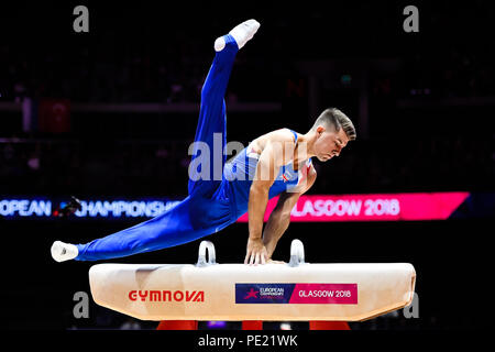 Glasgow, UK, 11. Aug 2018. Glasgow, UK, 11. Aug 2018. WHITLOCK Max (GBR) konkurriert auf dem Pferd in Men's Gymnastics Team Finale während der Europameisterschaft 2018 in Glasgow an der SSE Hydro am Samstag, den 11. August 2018. GLASGOW SCHOTTLAND. Credit: Taka G Wu Stockfoto