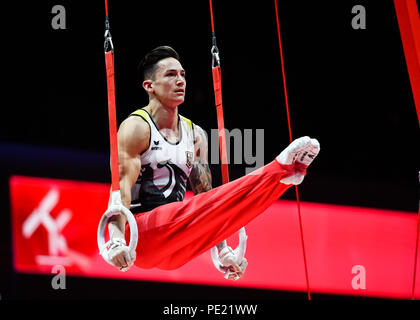 Glasgow, UK, 11. Aug 2018. Glasgow, UK, 11. Aug 2018. NGUYEN Marcel (GER) konkurriert auf die noch Ringe in Men's Gymnastics Team Finale während der Europameisterschaft 2018 in Glasgow an der SSE Hydro am Samstag, den 11. August 2018. GLASGOW SCHOTTLAND. Credit: Taka G Wu Stockfoto