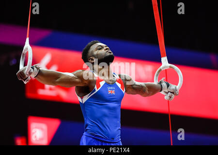 Glasgow, UK, 11. Aug 2018. Glasgow, UK, 11. Aug 2018. TULLOCH Courtney (GBR) konkurriert auf die noch Ringe in Men's Gymnastics Team Finale während der Europameisterschaft 2018 in Glasgow an der SSE Hydro am Samstag, den 11. August 2018. GLASGOW SCHOTTLAND. Credit: Taka G Wu Stockfoto