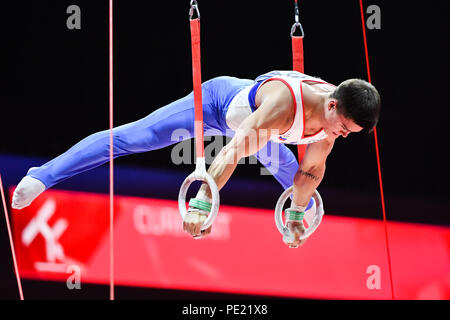 Glasgow, UK, 11. Aug 2018. Glasgow, UK, 11. Aug 2018. NAGORNYY Nikita (RUS) konkurriert auf die noch Ringe in Men's Gymnastics Team Finale während der Europameisterschaft 2018 in Glasgow an der SSE Hydro am Samstag, den 11. August 2018. GLASGOW SCHOTTLAND. Credit: Taka G Wu Stockfoto