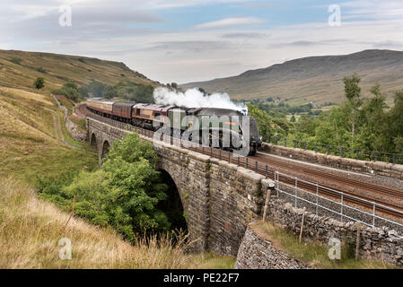 Cumbria, Großbritannien, 11. Aug 2018. Dampflok "Union von Südafrika" schleppt die Settle und Carlisle Golden Express, Ais Gill Viadukt in der Nähe der Gipfel der Carlisle Railway Line vereinbaren. Aufgrund der Gefahr von Feuer aufgrund der trockenen Witterung die Dampflokomotive wurde durch ein Diesel unterstützt zu werden, hier hinter dem dampflok gesehen. Union von Südafrika ist ein A4-Lokomotive der gleichen Klasse wie die Stockente, die die Welt Dampf Geschwindigkeitsrekord hält. 11. August markiert den 50. Jahrestag der letzte Dampf Personenzug auf Britische Eisenbahnen in 1968 und dies ist heute gefeiert. Quelle: John Bentley/Alamy leben Nachrichten Stockfoto