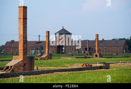 Oswiecim, Polen. 09 Aug, 2018. Blick auf das historische Tor (innen) und die Schornsteine der Kaserne im ehemaligen Vernichtungslager Auschwitz-Birkenau. Von 1940 bis 1945 hat die SS betrieben mit zahlreichen Nebenlagern des KZ Auschwitz als Vernichtungslager und Konzentrationslager komplex. Credit: Monika Skolimowska/dpa-Zentralbild/dpa/Alamy leben Nachrichten Stockfoto