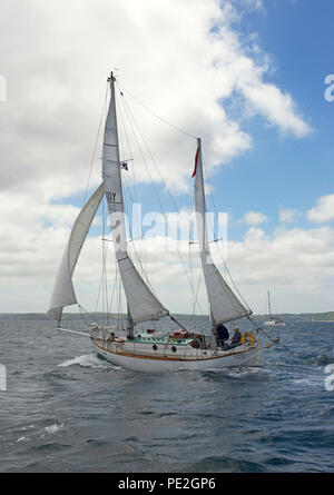 Suhaiii, die Yacht auf die Robin Knox-Johnston der erste Mensch geworden ist, um die Welt zu segeln alleine & non-stop in 1968-9, Segeln Falmouth. Stockfoto