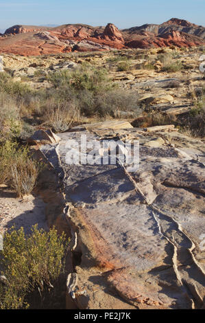 Benannt nach der prächtigen roten Sandsteinformationen wie Arch Rock, Tal des Feuers ist der älteste Nevada State Park und in der Mojave Wüste. Stockfoto