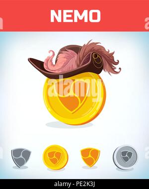 Nemo im musketier oder Piraten Hut. Nemo. Digitale Währung. Crypto Währung. Geld und Finanzen Symbol. Miner bit Münze criptocurrency. Virtuelles Geld conce Stock Vektor