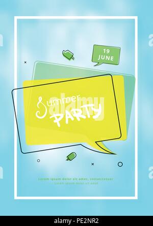Summer Party Karte. Vertikale Vorlage für Ad mit Wolkigen Hintergrund und Blase Rede. Vector Illustration. Stock Vektor