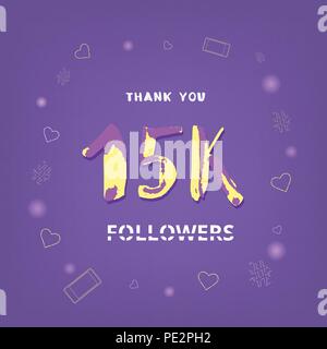 15 K Anhänger danke Karte. Feier 15000 Abonnenten Banner. Für social media-Vorlage. Vector Illustration. Stock Vektor