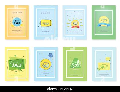 Einstellen der vertikalen Summer Sale Banner. Trendige flach geometrische Karten mit kreativem typografischen. Vorlagen für Sunny Design. Vector Illustration. Stock Vektor