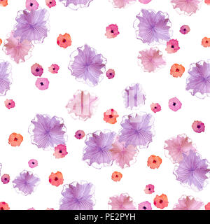 Nahtlose Muster mit abstract pink, violett und lila Blumen auf einem weißen Hintergrund. Es wird mit Hilfe von Aquarell getan. Stockfoto