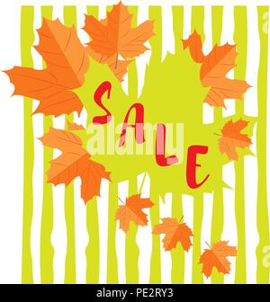Satz von Herbst gelbe Blätter und Emblem mit Text Herbst Sale mit Hintergrund der horizontalen Linien Stock Vektor