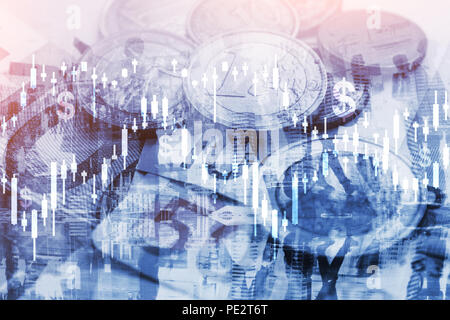 Geld Finanzen Double Exposure Hintergrund, Business Financial Diagramme mit Dollar, Double Exposure Stockfoto