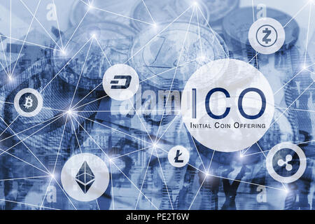 ICO Konzept, erste Münze bietet, digitale Geld crypto Währung Bitcoin, litecoin, des Astraleums, Bindestrich, Welligkeit Stockfoto