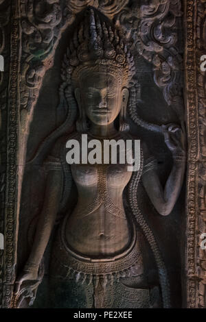 Steinmauer Schnitzereien in Preah Khan Tempel in der Tempelanlage Angkor Wat in der Nähe von Siem Reap, Kambodscha Stockfoto