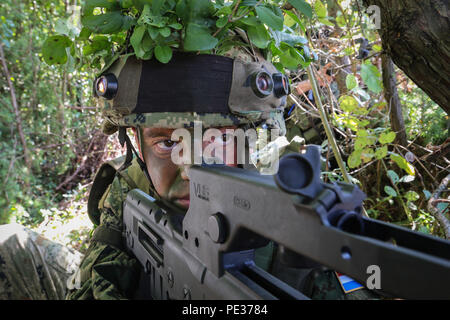 Kroatische Soldaten Scans sein Sektor des Feuers für feindliche Bedrohungen in einem situationstraining Lane während sofortige Antwort 15 in Slunj, Kroatien. Sofortige Reaktion 15 ist ein multinationales, Feuerwehr, Post-Befehl Übung nutzen computergestützte Simulationen und Übungen in Kroatien und Slowenien. Die Übungen und Simulationen sind auf eine entscheidende Maßnahme Szenario gebaut und bieten regionale Stabilität zu erhöhen, die Stärkung der Kapazitäten und Verbesserung der Interoperabilität. Stockfoto