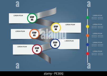 Infografik Vektor als eine Metallspirale, die die Schritte des Prozesses und der vertikalen Zeitleiste mit einem freien Platz für Ihren Text. Alle auf der dunklen backgroun Stock Vektor
