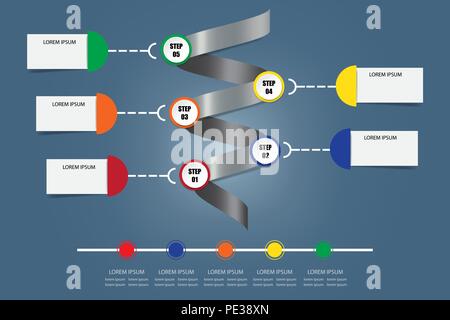 Infografik Vektor als eine Metallspirale, die die Schritte des Prozesses und der horizontalen Zeitachse mit einem freien Platz für Ihren Text. Alle auf der dunklen backgro Stock Vektor