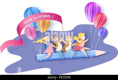 Zurück zu Schule 1. september Karte. Kinder fliegen auf Bleistift mit Luftballons. Papier schneiden Stil. Vector Illustration Stock Vektor