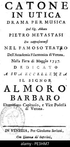 Antonio Vivaldi: Catone in Utica - Titlepage des Librettos - Venedig 1737. Stockfoto