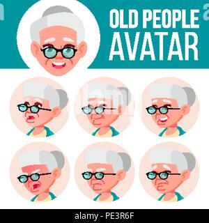 Alte Frau Avatar Set Vektor. Gesicht Emotionen. Ältere Person Porträt. Ältere Menschen. Im Alter. Gesichtsbehandlung, Leute. Positiv ist. Cartoon Kopf Abbildung Stock Vektor