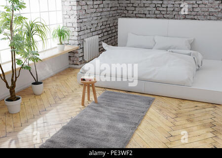3D-Rendering von Schlafzimmer mit weißen Steine Wand- und Parkettboden Stockfoto