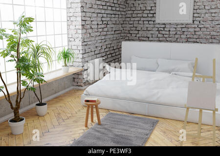3D-Rendering von Schlafzimmer mit weißen Steine Wand- und Parkettboden Stockfoto