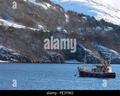 Handwerkliche crab Fischereifahrzeuge im Winter im Hafen von Ullapool, Western Highlands, Schottland verankert Stockfoto