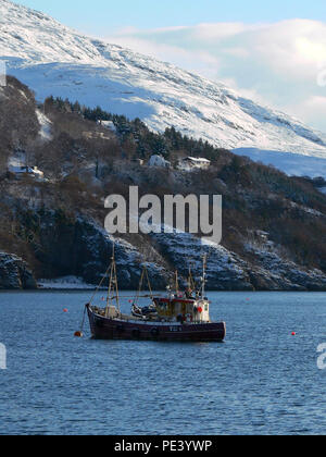 Handwerkliche crab Fischereifahrzeuge im Winter im Hafen von Ullapool, Western Highlands, Schottland verankert Stockfoto