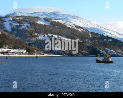 Handwerkliche crab Fischereifahrzeuge im Winter im Hafen von Ullapool, Western Highlands, Schottland verankert Stockfoto