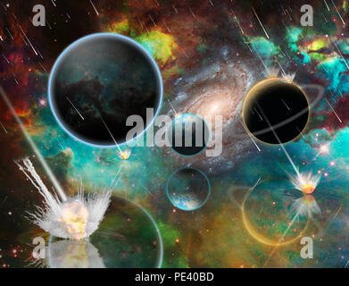 Planetengetriebe Armageddon. Massive Meteorit - Asteroid dusche Planeten zerstören. 3D-Rendering Stockfoto