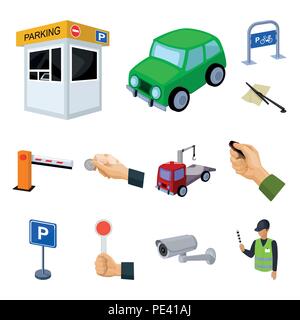 Parkplätze für Autos cartoon Symbole im Set Sammlung für Design. Ausstattung und Service vektor Symbol lieferbar Abbildung. Stock Vektor