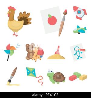 Kinder Spielzeug cartoon Symbole im Set Sammlung für Design. Spiel und christbaumkugel Vektor Symbol lieferbar Abbildung. Stock Vektor