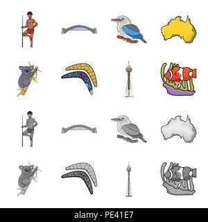 Koala auf Bambus, Boomerang, Sydney Tower, Fisch clown und Ammonium. Australien set Sammlung Icons im Cartoon, Schwarzweiß-Stil vektor Symbol lieferbar Illus Stock Vektor