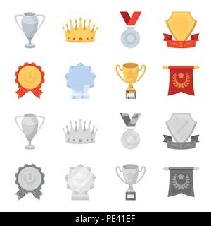 Eine olympische Medaille für den ersten Platz, eine Kristallkugel, eine goldene Schale auf einem Ständer, einem roten Anhänger. Auszeichnungen und Trophäen set Sammlung Icons im Cartoon, monochr Stock Vektor