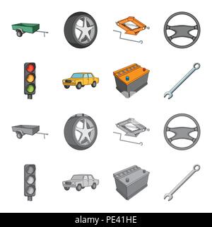 Ampel, altes Auto, Batterie, Schlüssel, Auto Set Sammlung Icons im Cartoon, Schwarzweiß-Stil vektor Symbol lieferbar Abbildung. Stock Vektor