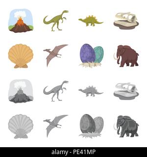 Prähistorische shell, Dinosaurier Eier, pterodactylus, Mammut. Dinosaurier und prähistorischen Periode set Sammlung Icons im Cartoon, Schwarzweiß-Stil vektor Symbol Stock Vektor