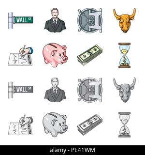 Bank, Business Plan, Bündel von Notizen, Zeit, Geld. Geld und Finanzen set Sammlung Icons im Cartoon, Schwarzweiß-Stil vektor Symbol lieferbar Lllustrat Stock Vektor