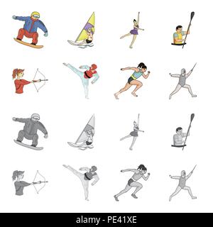Bogenschießen, Karate, laufen, Fechten. Olympischen Sport Set Sammlung Icons im Cartoon, Schwarzweiß-Stil vektor Symbol lieferbar Abbildung. Stock Vektor