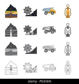 Ausrüstung, nützlich, fossilen und anderen Symbol im Comic-stil. Beleuchtung, Bergbau, Industrie Symbole in der Sammlung. Stock Vektor