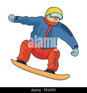 Der Athlet mit der blauen Jacke und rote Hosen auf einem Snowboard. Snowboarder bei den Olympischen Spielen. Olympischen Sportarten einzelnen Symbol im Comic-stil Vektor Symbol st Stock Vektor