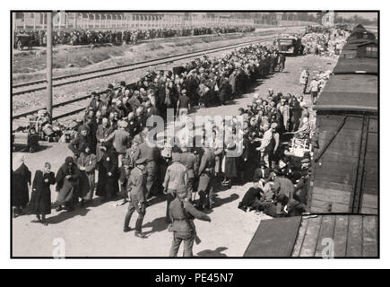 AUSCHWITZ - BIRKENAU GEFANGENEN LINE WARTESCHLANGE ANKUNFT - eine Vision der Hölle auf Erden. 1944, Nazis "Grading" (Leben oder Tod) ahnungslosen Gefangenen auf der Schiene Concourse außerhalb Eingang zum Vernichtungslager Auschwitz-Birkenau death Camp. Die berüchtigten Konzentrationslager Auschwitz wurde im Auftrag von Adolf Hitler 1940 während der Besetzung Polens durch Nazideutschland während des Zweiten Weltkrieges, die durch Heinrich Luitpold Himmler der Reichsführer der Schutzstaffel, und führendes Mitglied der Nationalsozialistischen Partei Deutschlands aktiviert gestartet Stockfoto