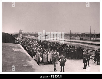 ANKUNFT DER HÄFTLINGE DES HOLOCAUST IN AUSCHWITZ-BIRKENAU--eine Vision der Hölle auf Erden. 1944. Nazis-Truppen in Militäruniform in Jackstiefeln "bewerten" (Leben oder Tod) ahnungslose männliche und weibliche Gefangene in der Bahnhofshalle vor dem Eingang zum Todeslager Auschwitz-Birkenau. Das berüchtigte Lager Auschwitz wurde auf Befehl von Adolf Hitler in den 1940er Jahren während der Besetzung Polens durch Nazideutschland im 2. Weltkrieg gegründet. Heinrich Luitpold Himmler, der Reichsführer des Schutzpersonals und führendes Mitglied der Nazi-Partei Deutschlands, hat es mit Begeisterung ermöglicht. Stockfoto