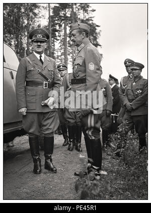 MANNERHEIM/Hitler Adolf Hitler entschieden, Finnland am 4. Juni 1942 zu besuchen, der angeblich Mannerheim an seinem 75. Geburtstag zu gratulieren. Aber Mannerheim wollte ihn in seinem Hauptquartier in Mikkeli oder in Helsinki zu erfüllen, als es wie ein Staatsbesuch gewesen wäre. Das Treffen fand in der Nähe von Imatra, in der süd-östlichen Finnland, und war in der Geheimhaltung angeordnet. Von Immola Flugplatz, Hitler, von Präsident Ryti begleitet, an den Ort, wo Mannerheim an einem gleisanschluss Warten angetrieben wurde. Die Sitzung war ergebnislos... Stockfoto