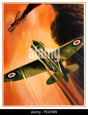WW2 British britische Propaganda vintage Weltkrieg zwei Poster Artwork mit einem Spitfire Kampfflugzeug fliegen in Richtung auf eine kritisch beschädigt Nazi Luftwaffe deutschen Bomber Flugzeug, mit dunklen Rauch aus einem brennenden Motor 1940 die Schlacht um England.... Untertitel: "VORWÄRTS ZUM SIEG" Stockfoto