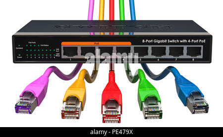 8 Port Gigabit Ethernet Switch mit farbigen LAN-Kabel. 3D-Rendering auf weißem Hintergrund Stockfoto